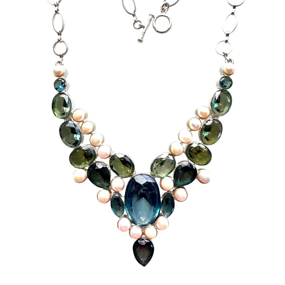 Unique Blue, Green and Faux Pearl Statement Necklace #7078